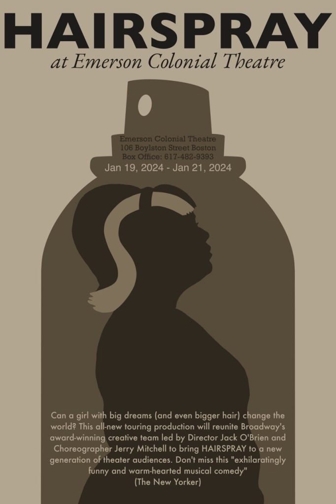 play advertisement for the musical Hairspray showing Tracy's silhouette in a hairspray can