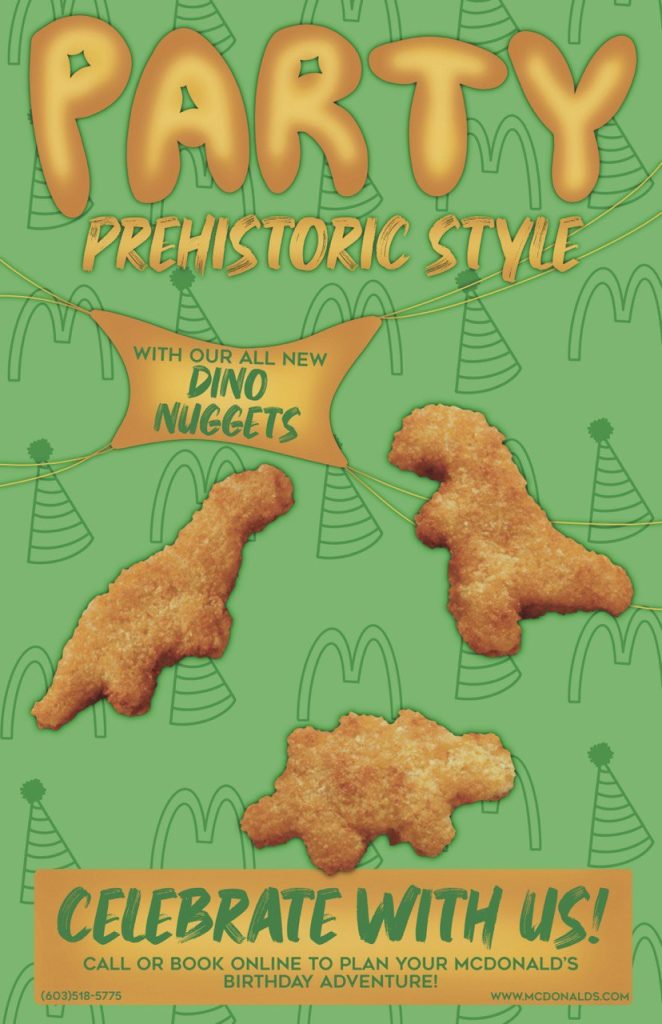 Fake McDonalds ad that shows dinosaur shaped chicken nuggets and advertises a party