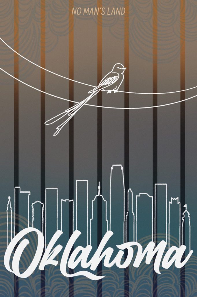 Oklahoma travel poster that shows Oklahoma City skyline, and their state bird on a powerline